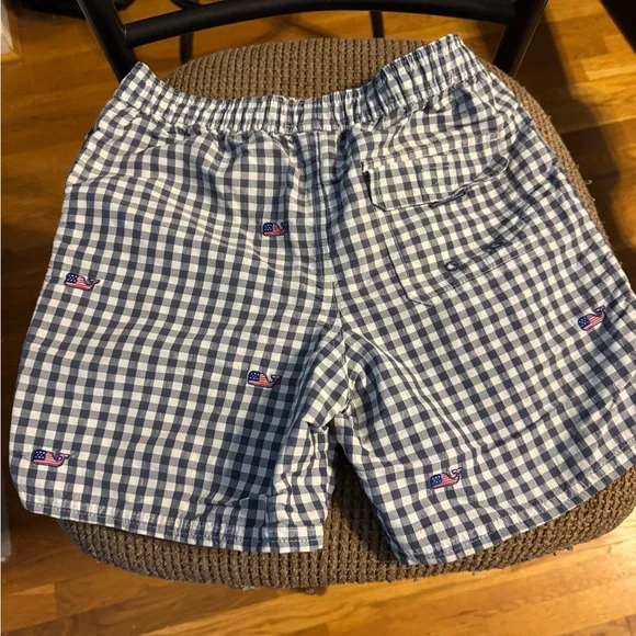 Boys Vineyard Vines Blue Swim Trunks with Gingham Pattern Sz 8-10 American Flag - Picture 4 of 4